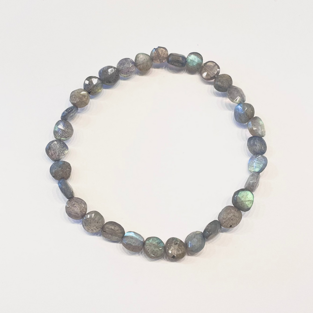 Beaded bracelet with labradorite stones on a white background