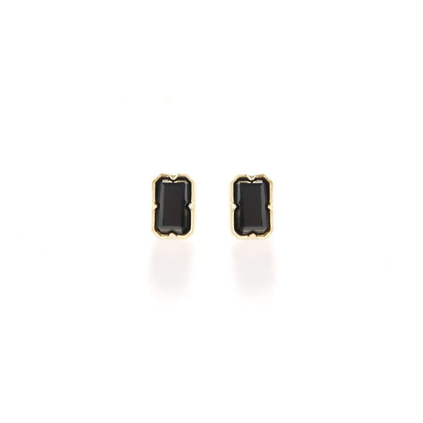 Pair of black rectangular earrings on a white background