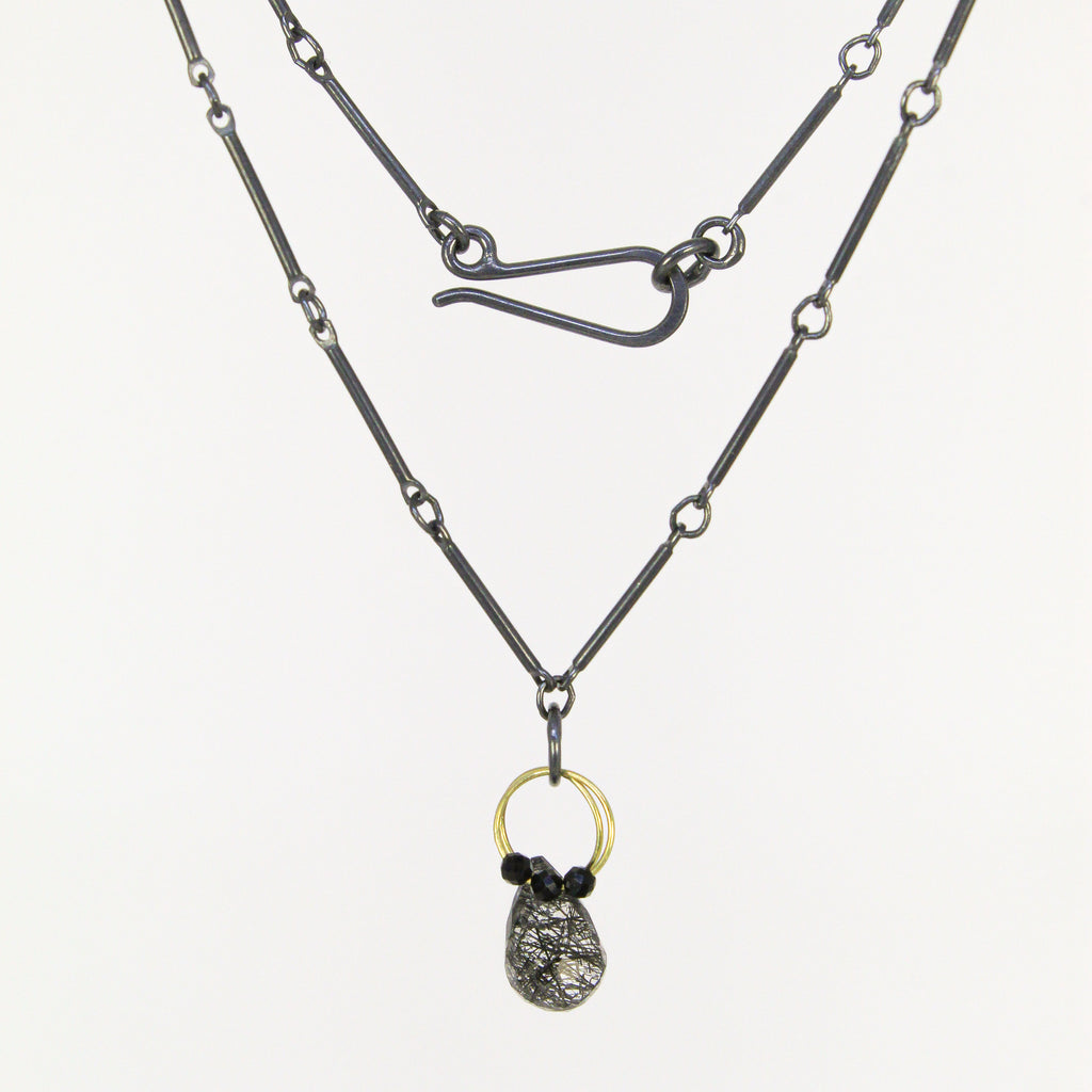 Mini tangle necklace with tourmalinated quartz and spinel in sterling silver by Heather Guidero