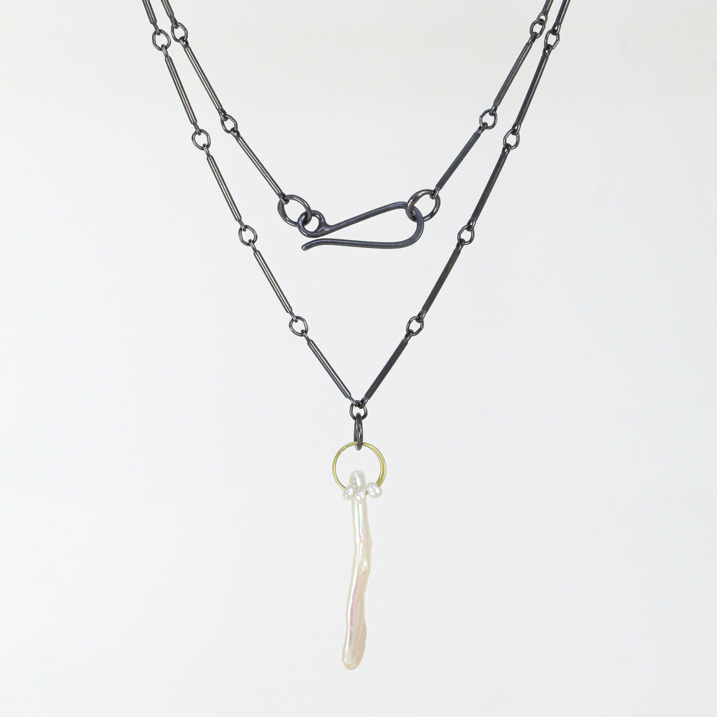 Mini tangle necklace with biwa pearl in sterling silver by Heather Guidero