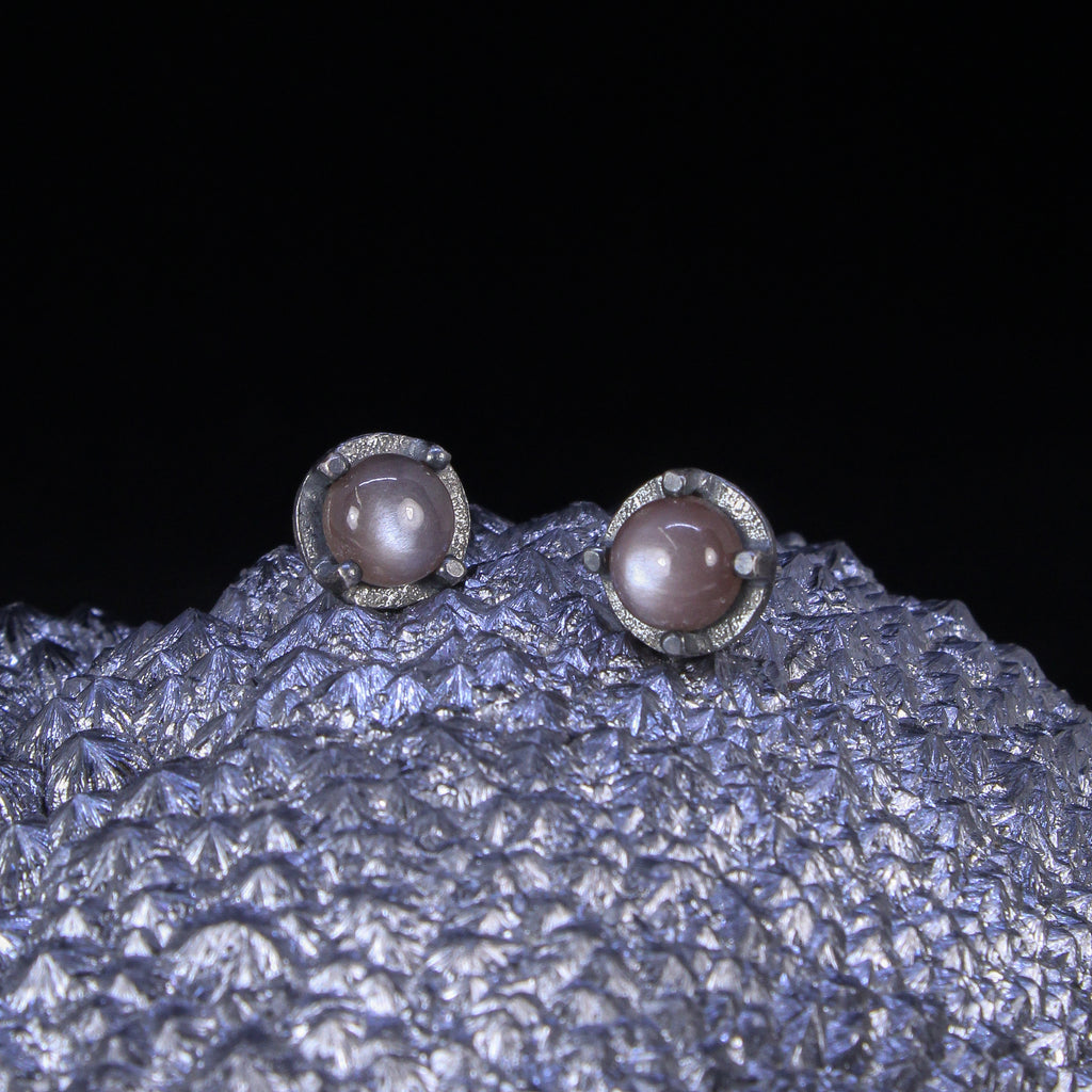 Carved 6mm mauve moonstone studs in sterling silver by Heather Guidero