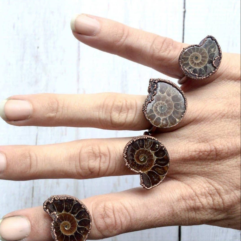 Hand wearing three ammonite fossil rings on a light wooden background