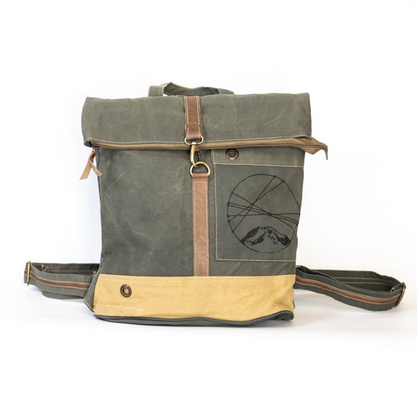 Green and beige backpack with a logo on a white background