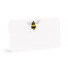 A white rectangular card or coaster with rounded corners, featuring a small illustration of a yellow and black bumblebee near the top center, shown on a clean white background.