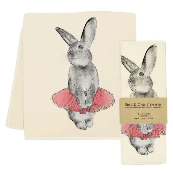 Tea towel with rabbit illustration in a tutu and 'Eric & Christopher' label on a white background