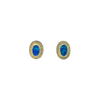 Blue green Australian opal with gold bimetal bezel and textured frame on posts.