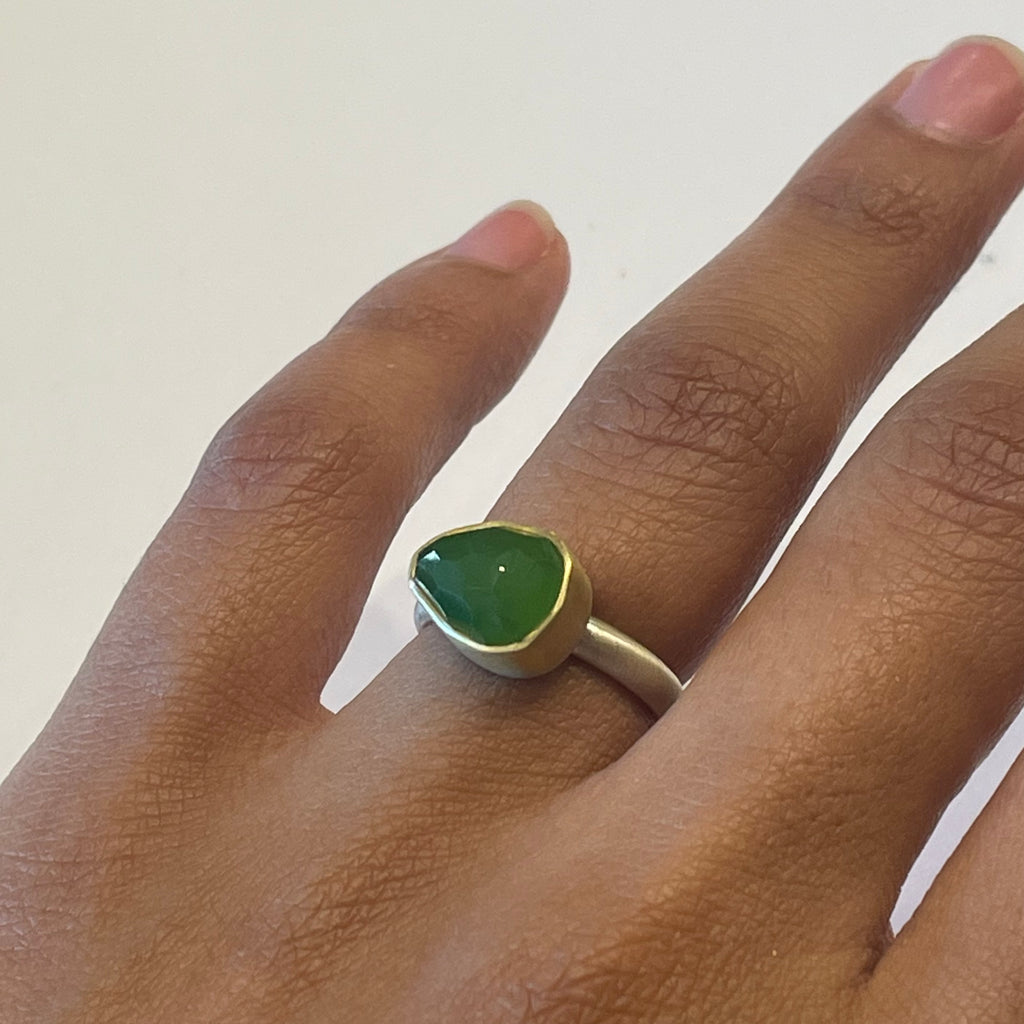 One of a kind green jade bezel set in 18kt gold ring by Heather Guidero