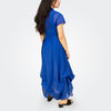 Woman wearing a blue dress on a white background