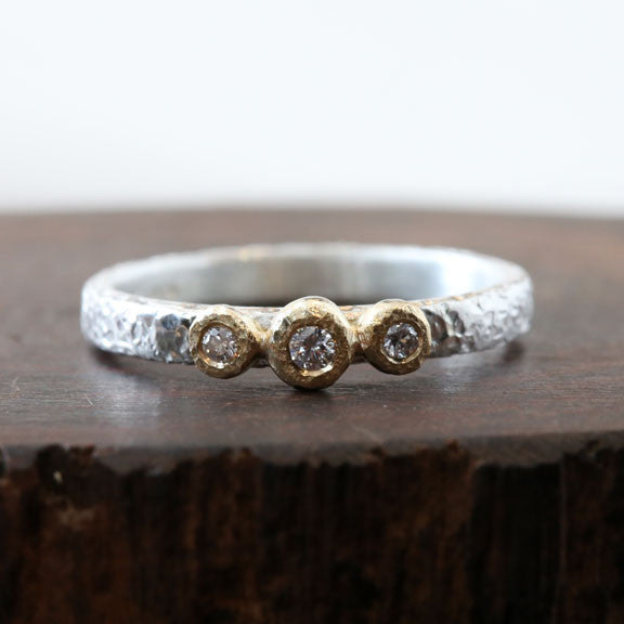 NEW! 18k Gold 3-Bezel Diamond Sterling Silver Ring by Yasuko Azuma