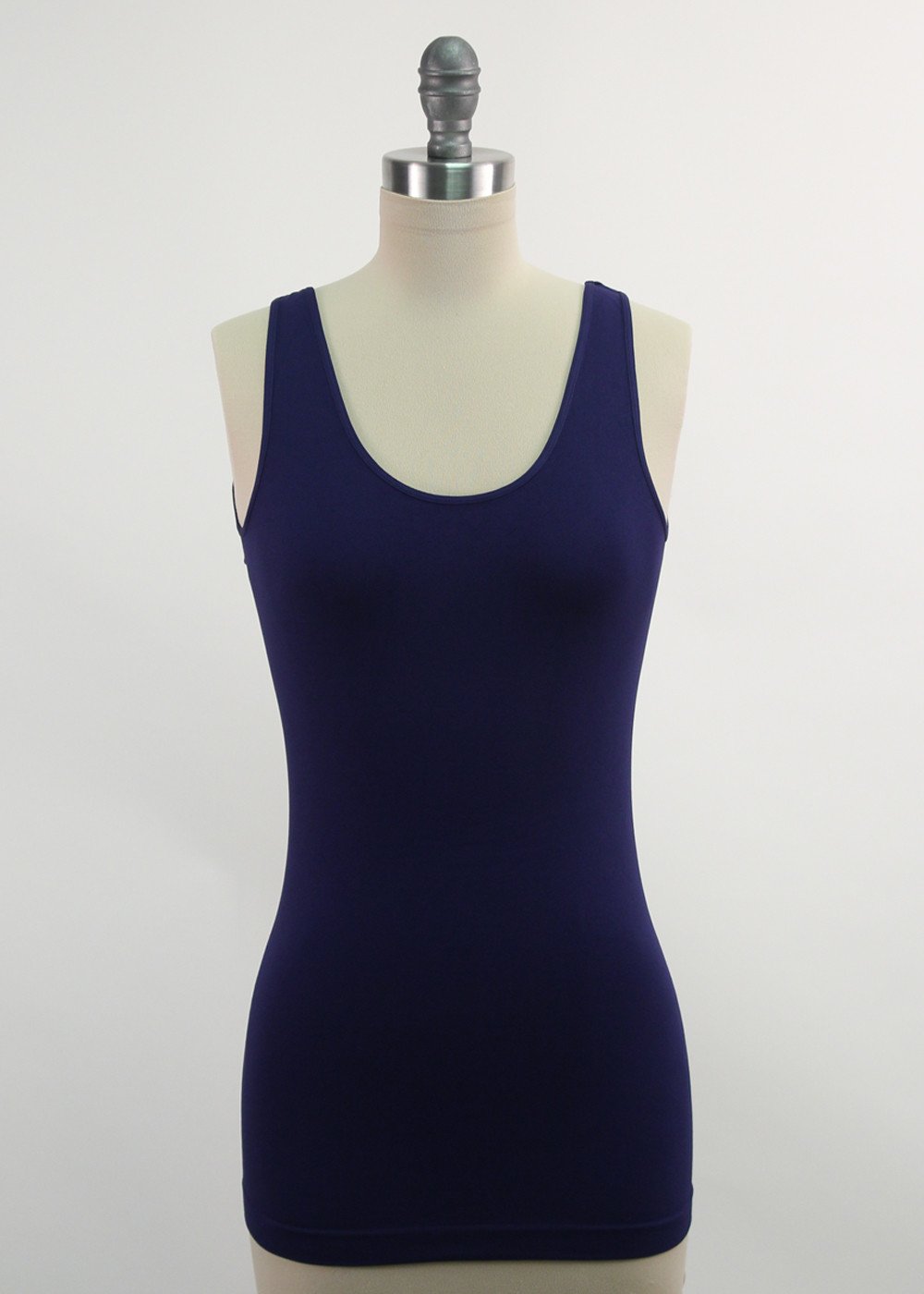 Navy blue tank top on a mannequin against a white background