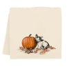 Tea towel with a design of a cat and pumpkin on a white background