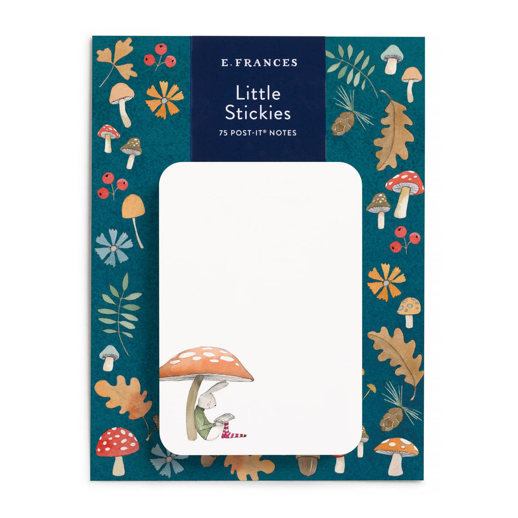 Pack of E. Frances Little Stickies with mushroom design on a blue background