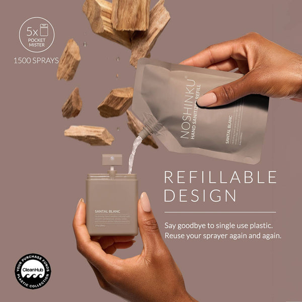 A hand holds an open perfume bottle while another hand pours liquid from a Noshinku refill pouch into it. Floating wood chips and text reading 'REFILLABLE DESIGN' and '1500 SPRAYS' appear on a muted mauve background.