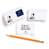 A set of white rectangular cards featuring the Peanuts character Snoopy, shown with front and back views on a white background, alongside a yellow pencil. One card reads 'It was a dark and stormy night.