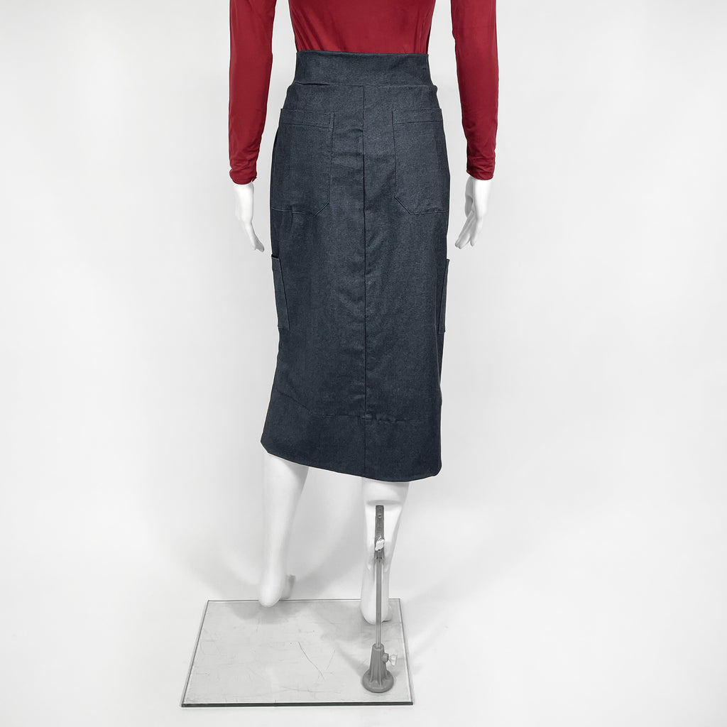 Mannequin wearing a dark denim skirt on a white background