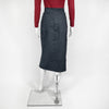 Mannequin wearing a dark denim skirt on a white background