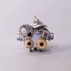 Metallic character figurine with gears and mechanical parts on a light gray background