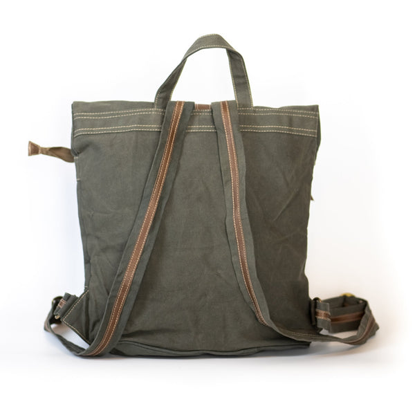 Green backpack with brown accents on a white background