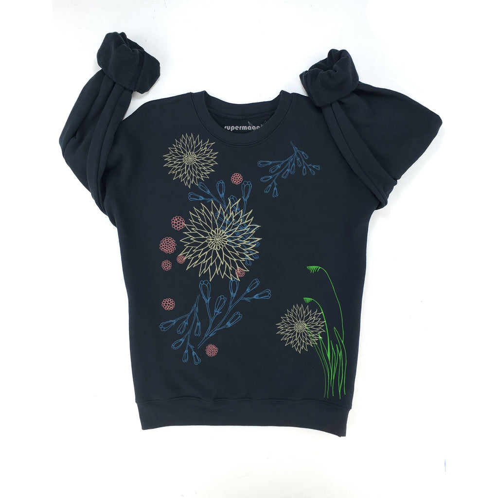 Black sweatshirt with colorful flowers printed on