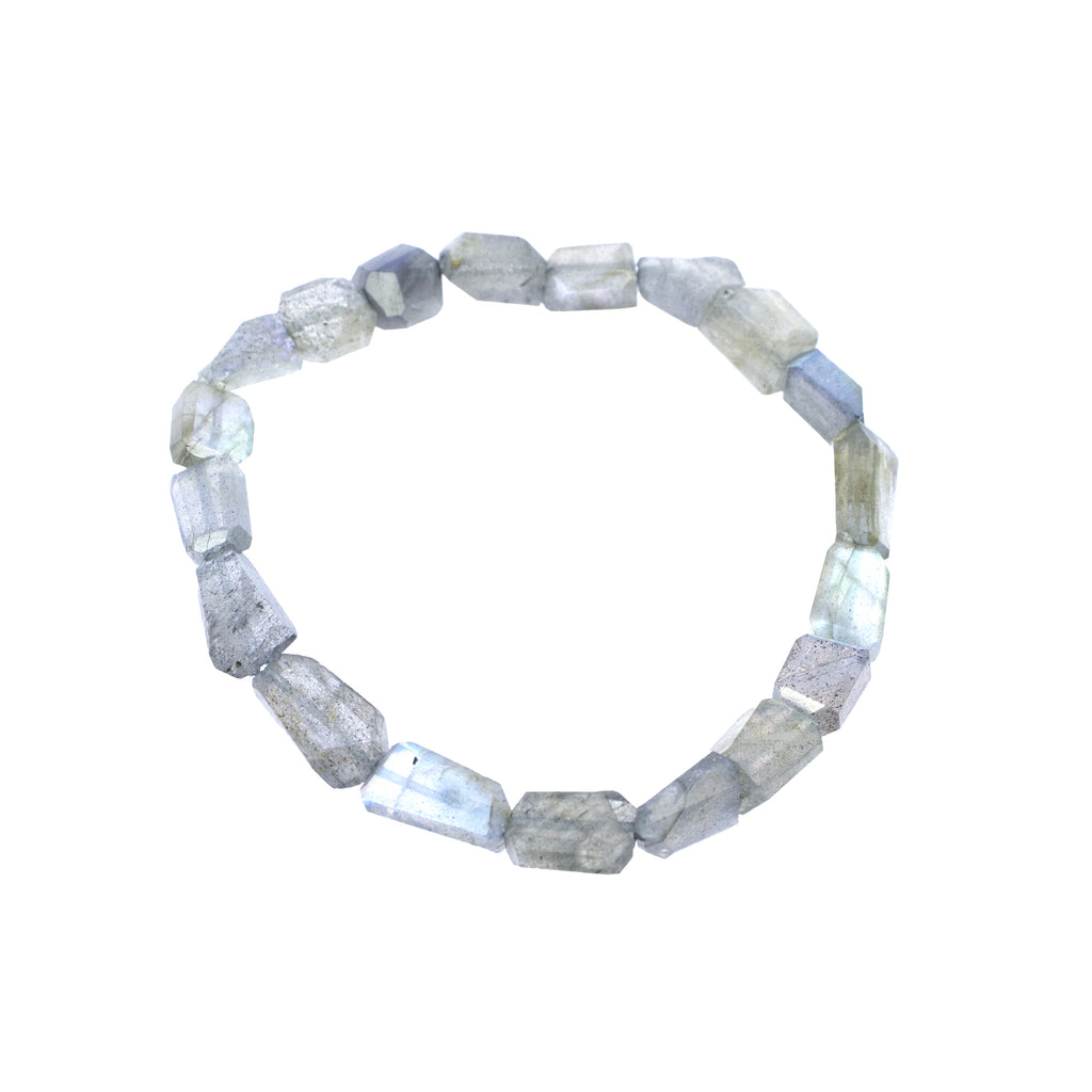 Bracelet with gray and white beaded design on a white background