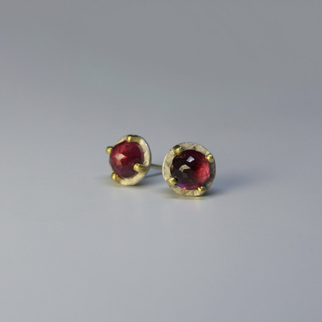 Carved 8mm rhodolite garnet studs in sterling silver and 18k gold by Heather Guidero