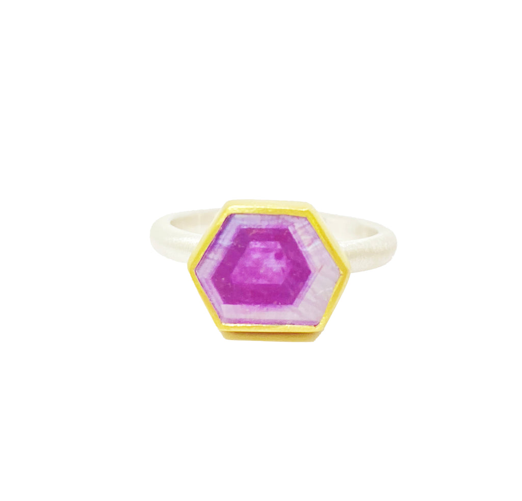 One of a kind pink sapphire slice ring in sterling silver and 18kt gold by Heather Guidero