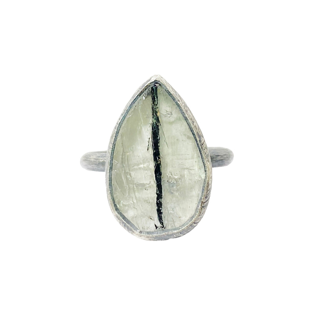 One of a kind teardrop surface cut tourmalinated quartz ring in oxidized sterling silver by Heather Guidero