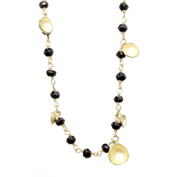 Gold necklace with black spinel beads and 6 hanging gold pods