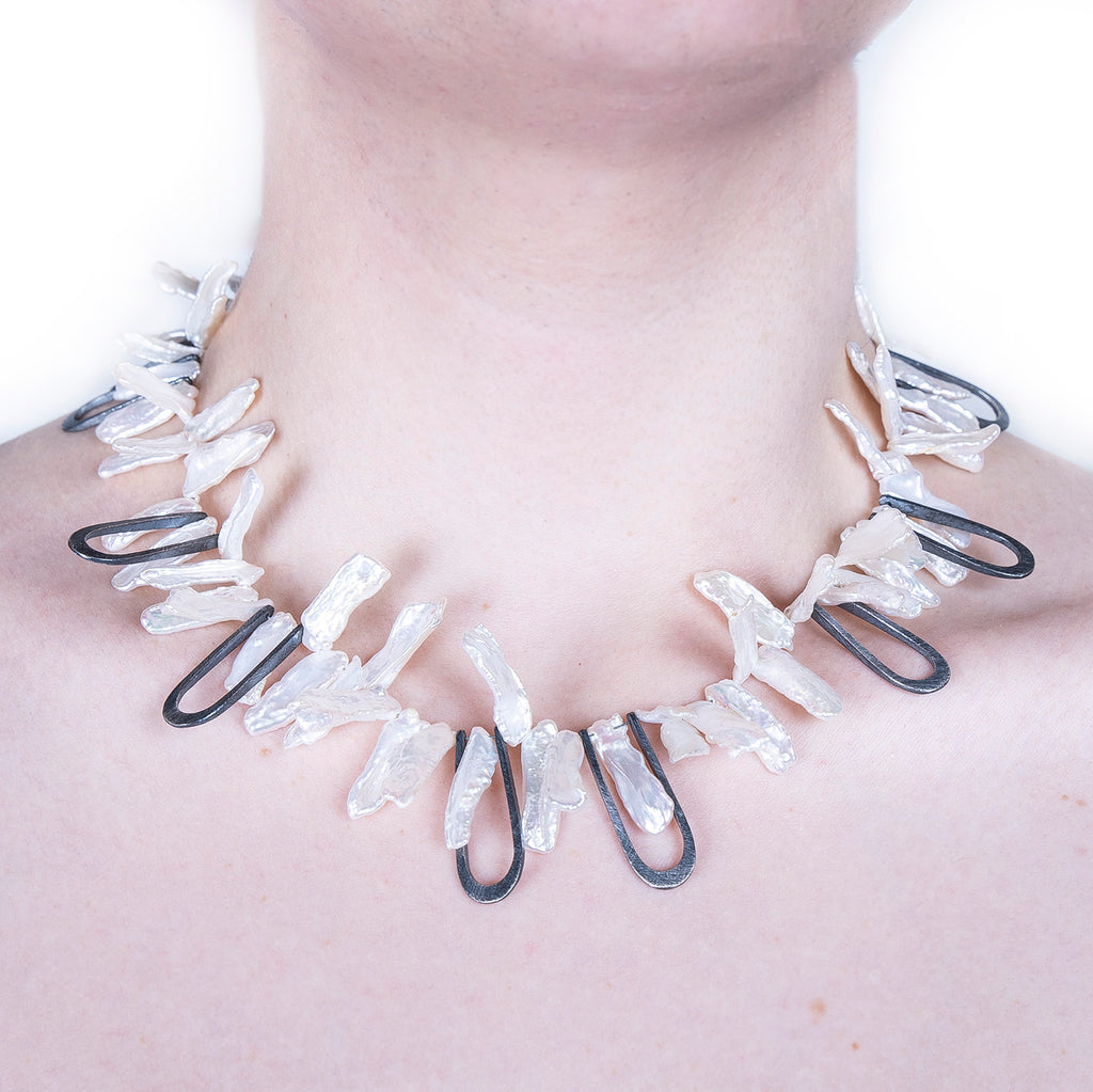 One of a kind freshwater pearl ruffle necklace in oxidized sterling silver by Heather Guidero