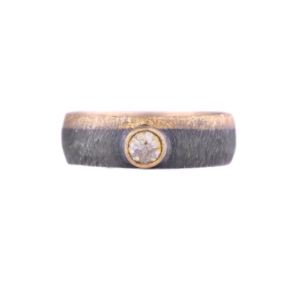 Oxidized sterling silver and gold band with yellow diamond by Heather Guidero